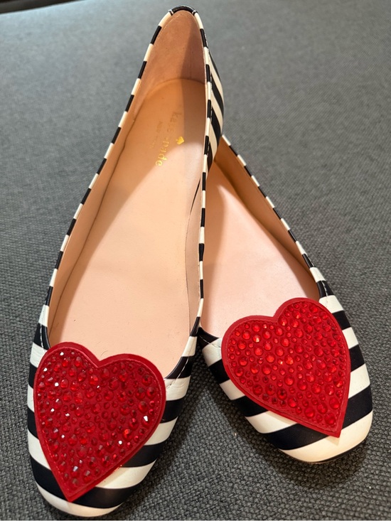 kate spade Shoes - kate spade Black & White Striped Ballet Flats with Red Crystal Heart